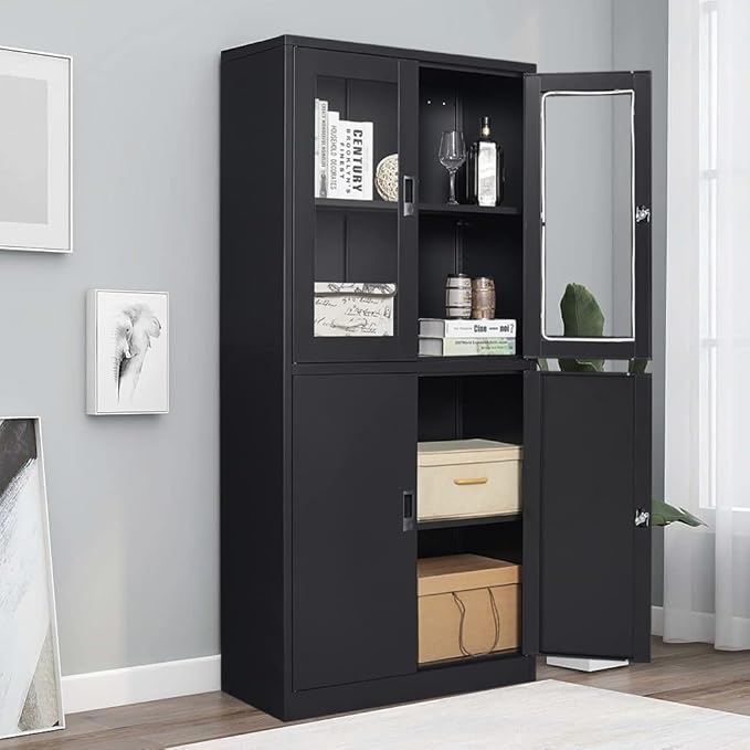 Black Metal Storage Cabinet with Glass Doors, 71" Locking Glass Door Cabinet with 2 Adjustable Shelves, Steel Storage Cabinet with 4 Doors for Home, Living Room, Bathroom