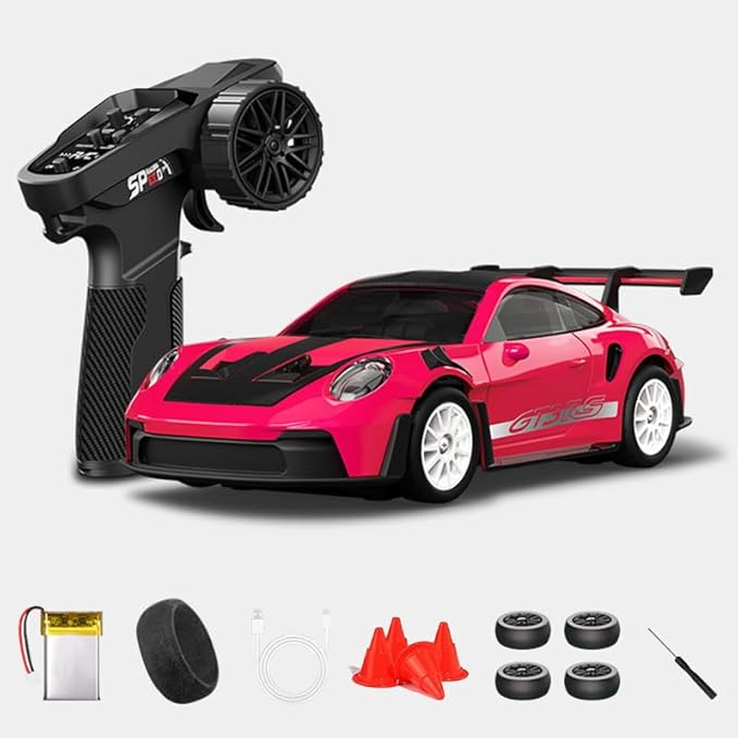 1:43 RC Drift Car D43-01 - 2.4G Full Proportional 4WD Alloy 20KM/H High Speed RC Racing Car with Gyro, Silent Bearings, Adjustable Speed & Lighting(Q6/Magenta/D43-01)