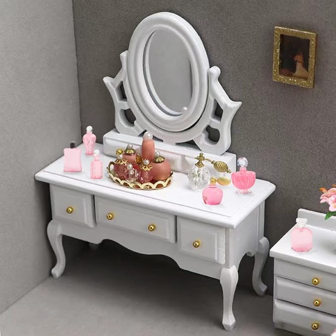 1/12 Scale Miniature Bathroom Accessories Kit Mini Plastic Hair Dryer Brush Comb Mirror Perfume Bottles Set for Mini House Bedroom Decoration,Set A