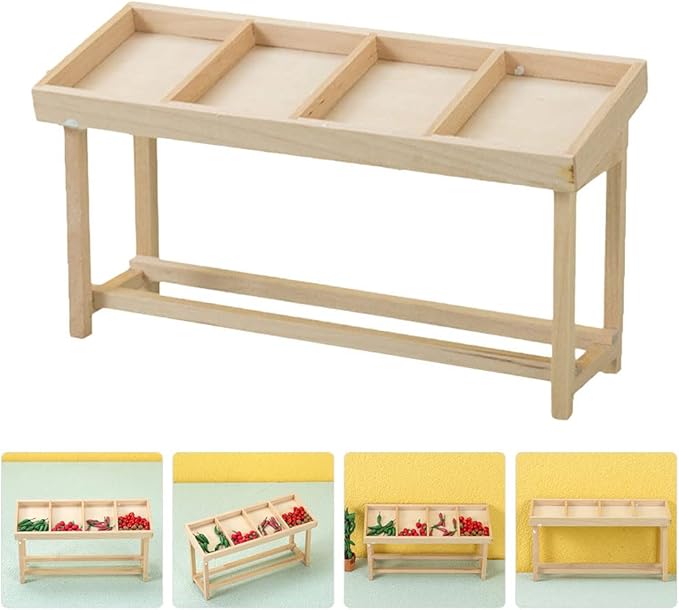 LUOZZY Miniature Wooden Shelf Food Display Miniature House Vegetable Fruit Shelf Figurine Mini Dollhouse Vegetable Rack Stall Model