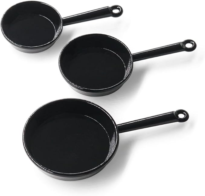 Odoria Dollhouse Frying Pan Miniature: 1/12 Scale Skillet Cookware for Kitchen Restaurant - Mini Kitchenware Cooking Utensils Metal Black 3Pcs