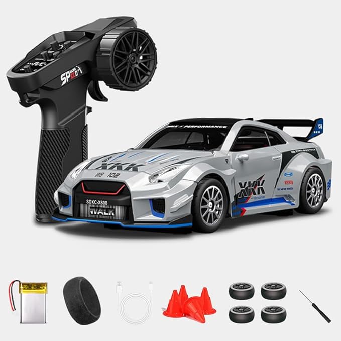 1:43 RC Drift Car D43-02 - 2.4G Full Proportional 4WD Alloy 20KM/H High Speed RC Racing Car with Gyro, Silent Bearings, Adjustable Speed & Lighting(Q2/Mecha War Silver/D43-02)