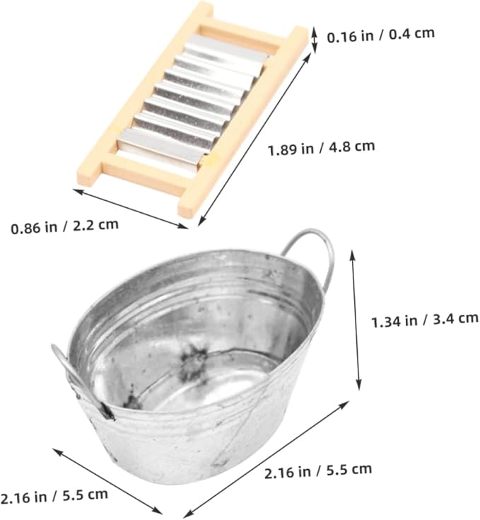 BESPORTBLE Mini Tinplate Basin Set of 2 Dollhouse Accessories Silver Iron Miniature Washboard for 1 12 Scale Doll House Bathroom Decor
