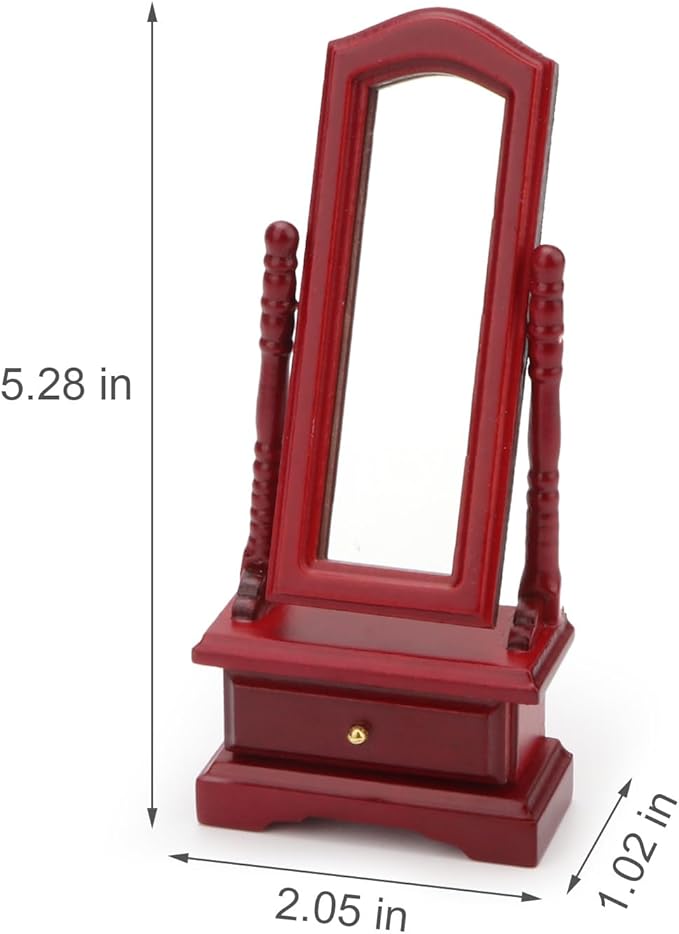 Miniature Furniture Fitting Mirror 1:12 Scale Dollhouse Bedroom Dressing Mirror with Drawer Model Accessory Mini Scene Ornament Desktop Decoration（Red