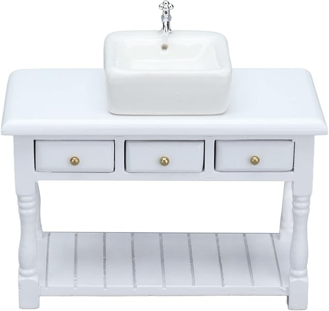NOENNULL Dollhouse Bathroom Set 1:12 Scale Miniature - White Porcelain Sink Vanity with Mirror, Toilet & Bathtub Accessories for Doll House, DIY Crafts, Model Home