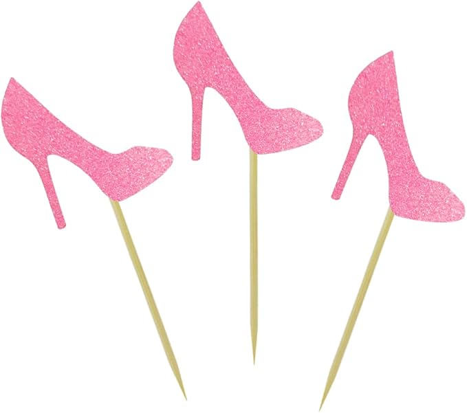 Morndew 24 PCS Pink Glitter Heels Cupcake Toppers for Theme Party Gender Reveal Party Baby Shower Birthday Party Wedding Party Decorations