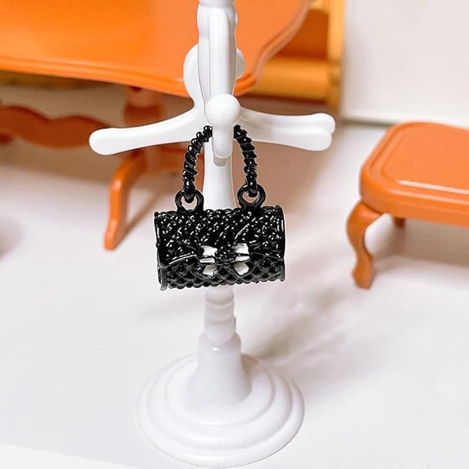 2 Pcs Mini Fashion Girl Handbags with Bow – 1:12 Scale Black Miniature Metal Satchels, Tiny Dollhouse Accessories for Micro Scene Decoration, DIY Display, Collectible Ornaments & Creative Home Décor