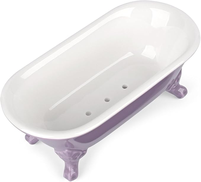 NEWHENGS 6.5" Ceramic Mini Decorative Clawfoot Bathtub Bar Soap Dish, Kitchen Sponge Holder and Shower Tray for Bathroom, 1 Pack(Lavender)