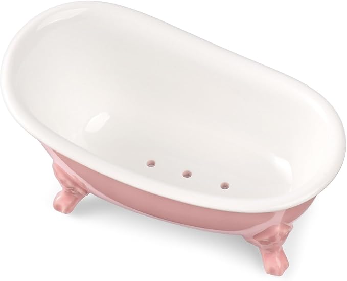 NEWHENGS 6.1" Vintage Ceramic Mini Decorative Clawfoot Bathtub Bar Soap Dish, Kitchen Sponge Holder and Shower Tray for Bathroom, 1 Pack (Rose)