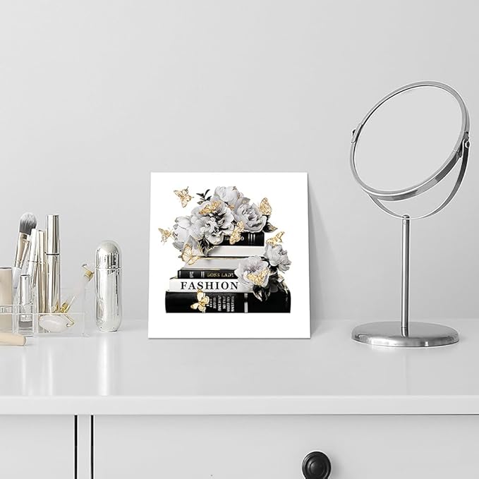 Dream Land Fashion Books Flower Wall Art: Black White Book Stack Picture 12"x12" Glam Gold Foils Butterfly Canvas Prints