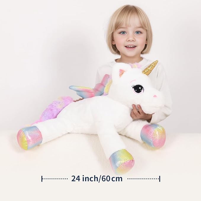 24 Inch Big Unicorn Stuffed Animal Plush Toy Pillow, Cute Soft Giant Unicorn with Rainbow Wings Large Doll, Gift for Children Girls Boys Kids Valentine Birthday Christmas
