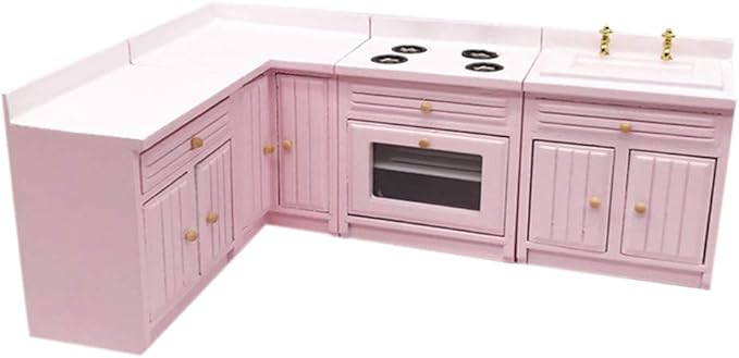 SXFSE Dollhouse Decoration Accessories,1:12 Dollhouse Miniature Furniture Wooden Kitchen Cabinet Set Freely Combined (Pink)