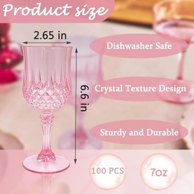 LEYIQU Plastic Wine Glasses, Plastic Goblets Vintage Style Cordial Drinking Glasses for Valentine’s Day, Wedding Reception, Grand Event Party Supplies (100, Pink)