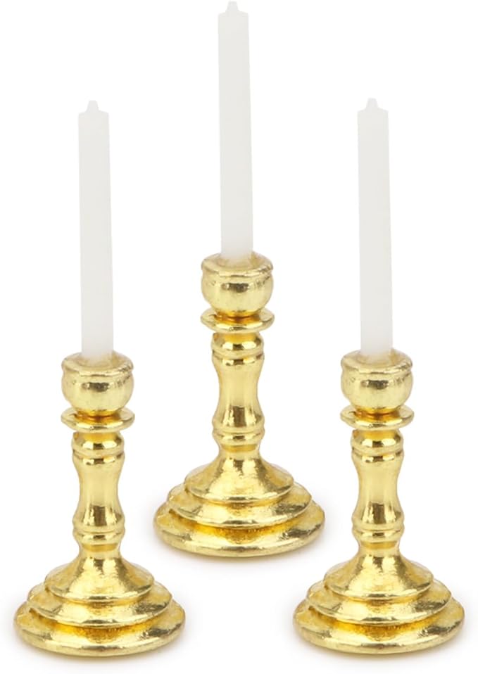 Dollhouse Miniature Candlesticks 3 PCS Candle Holder Set 1/12 Scale Vintage Candles Doll House Desk Ornament Accessories with Metal Round Base for for Fairy Garden (Golden)