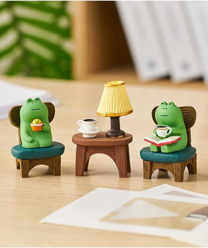 Miniature Frog Figurine Statue, Help Relax Enjoying Tea Time Mini Frog Cat Collection Desk Ofiice Bedroom Decor, Healing Heart Good Mood Indoor Home Decorations with Gift Box -Happy Chatting