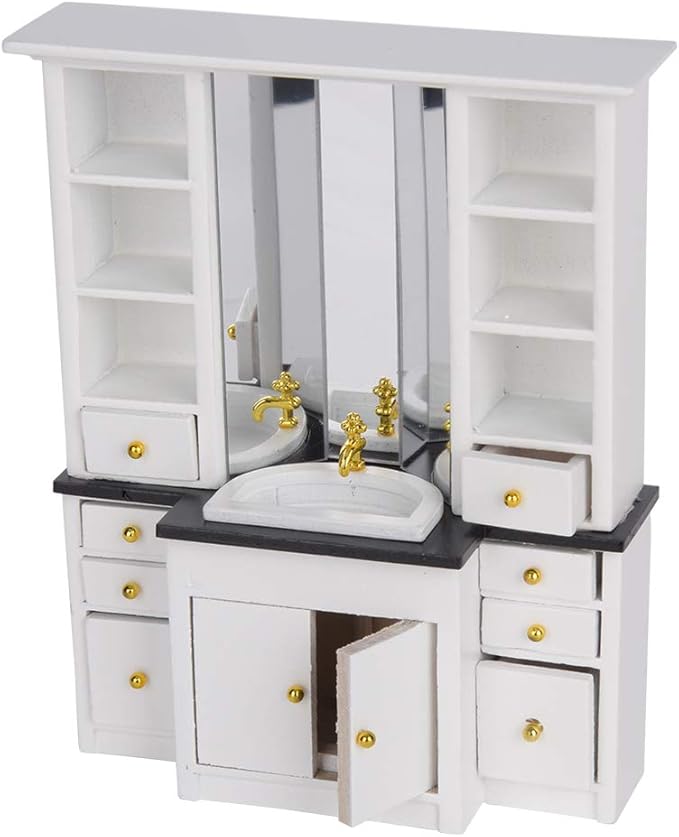 RASTKY 1:12 Scale Dollhouse Miniature Furniture Set - White Bathroom Basin Cabinet Kitchen Decor with Sink Vanity, Wooden Mini Kit for Dollhouse Accessories, 1/12 Bedroom (White)
