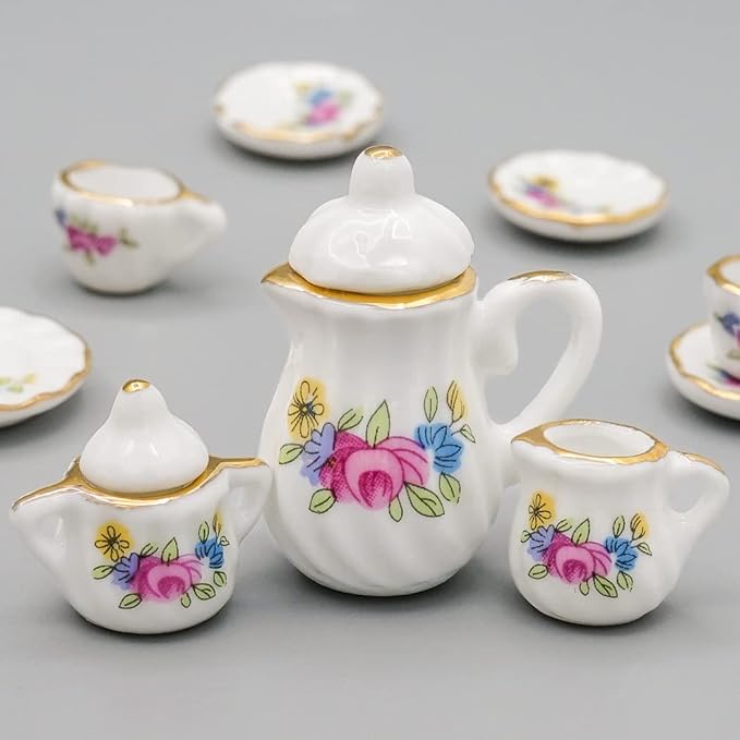 Odoria 1/12 Miniature Porcelain Tea Set 15Pcs Dollhouse Decoration Accessories, Pink Blossom