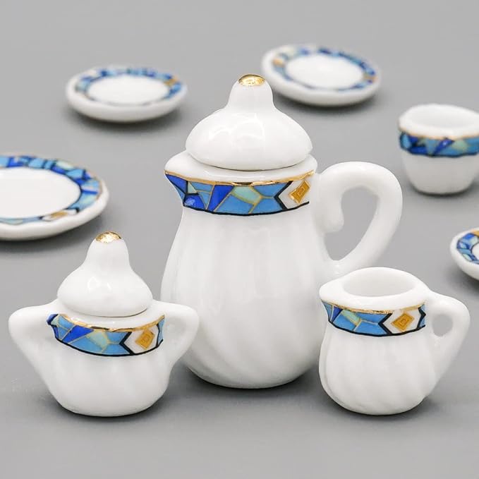 Odoria 1/12 Miniature Porcelain Tea Set 15Pcs Dollhouse Decoration Accessories, Mediterranean Blue