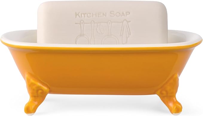 NEWHENGS 6.5" Ceramic Mini Decorative Clawfoot Bathtub Bar Soap Dish, Kitchen Sponge Holder and Shower Tray for Bathroom, 1 Pack(Golden Yellow)