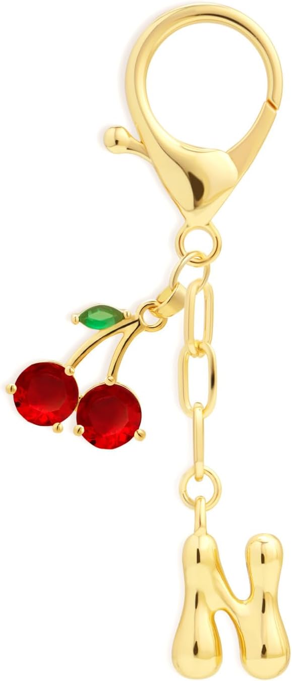 Fohufo Initial Keychains for Women - Cute Cherry Bag Charms Purse, 14K Gold Plated Keychain Accessories, Birthday Gifts