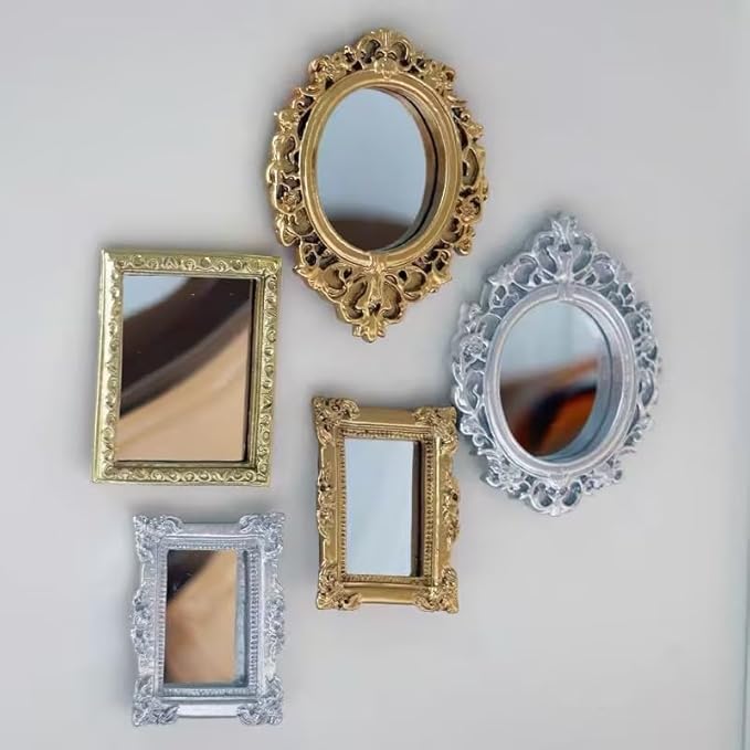 Miniature Dollhouse Mirror European Frame Mirror Dollhouse Victorian Baroque Wall Decor Miniature Bedroom Mini Furniture Accessory for 1/12 Dollhouse Decor