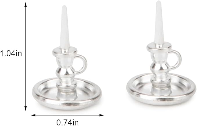 Dollhouse Miniature Candlesticks 2 PCS Candle Holder Set 1/12 Scale Vintage Candles Doll House Desk Ornament Accessories with Metal Round Base for for Fairy Garden (Silver)