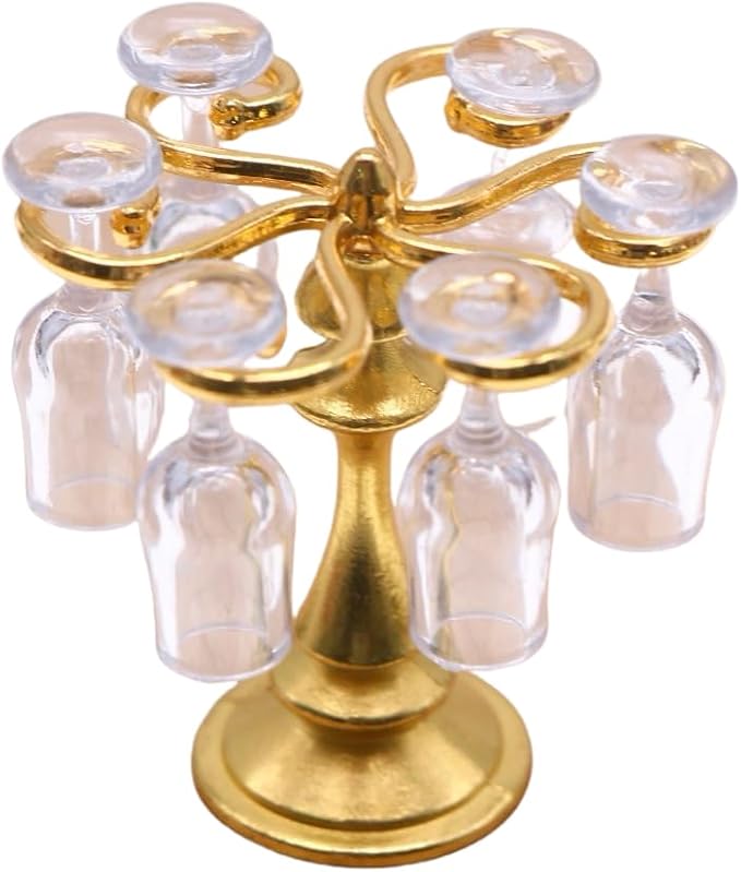 6pcs Mini Wine Glasses and Miniature Dollhouse Accessories - 1/12 Scale Accessories with Mini Wine Bottles for Doll House Girls &Women(Golden Color)