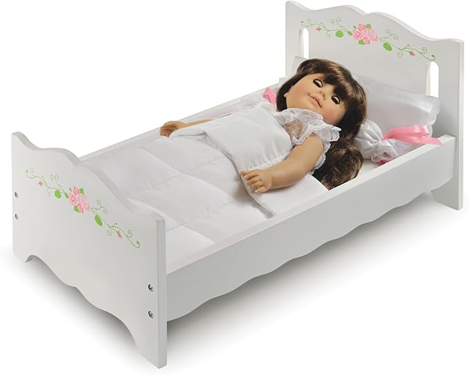 African Adventure Doll Bed with Bedding & Personalization Kit - White Rose - 22" L x 11.25" W x 10.25" H - for Dolls Up to 20", Includes Four Pillows