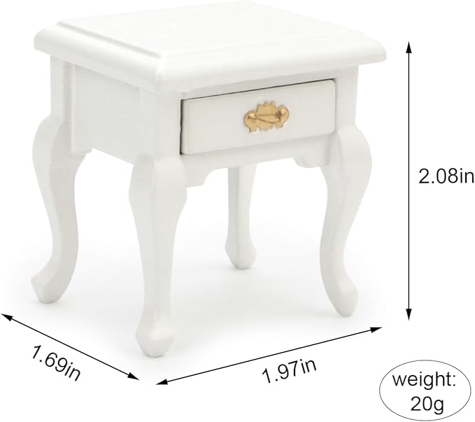 Miniature Furniture 1:12 Bedside Table Dollhouse Accessories Wooden Nightstand Vintage Living Room Bedroom Scene Bedroom Bedsides End TableHouse Model Decoration (White)