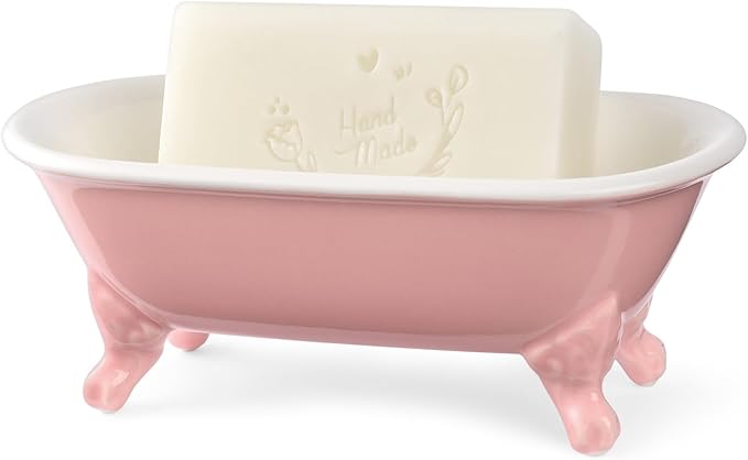 NEWHENGS 6.5" Ceramic Mini Decorative Clawfoot Bathtub Bar Soap Dish, Kitchen Sponge Holder and Shower Tray for Bathroom, 1 Pack(Rose)