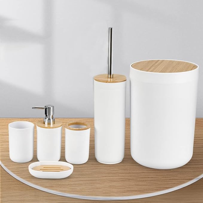 Bathroom Accessories Set, 8 Piece Bathroom Trash Can Set, White Bathroom Accessories, Bathroom Trash Can and Toilet Brush Set Include Toothbrush Holder Cup,Soap Dispenser,Soap Dish,Cotton Swab Can