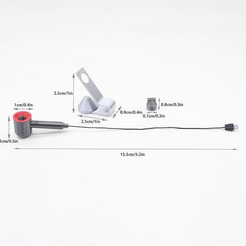 1:12 Scale Miniature Hair Dryer Set w/Stand, Nozzle: Realistic Model for Dollhouse Bathroom, Bedroom Vanity, Hair Salon, Adult Collector (Red)