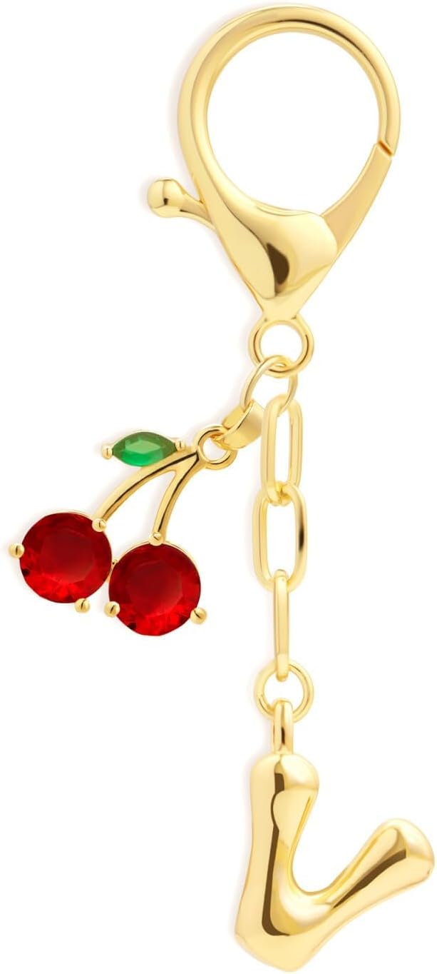 Fohufo Initial Keychains for Women - Cute Cherry Bag Charms Purse, 14K Gold Plated Keychain Accessories, Birthday Gifts