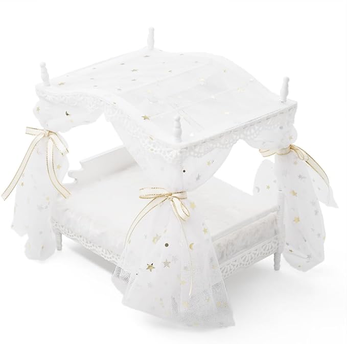 Odoria Dollhouse Princess Bed Miniature: 1/12 Scale Queen Bed Fluffy for 6 inch Dolls Bedroom - Mini Bedding Furniture with Luxury Canopy White