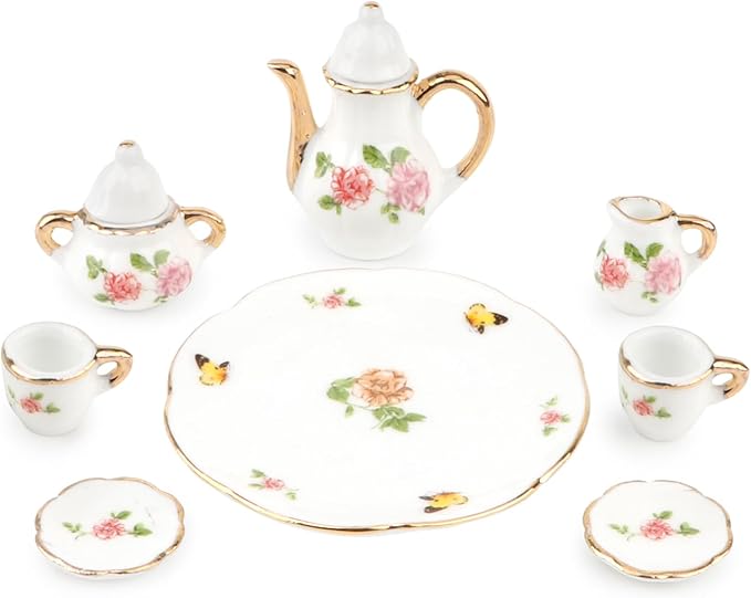 Dollhouse 1:6 Porcelain Tea Cup Sets 8 Pcs Set Miniature Ceramics Dollhouse Accessories Flower Pattern Teapot Platter Dish Sets Dollhouse Kitchen Supplies Decoration (Butterfly)