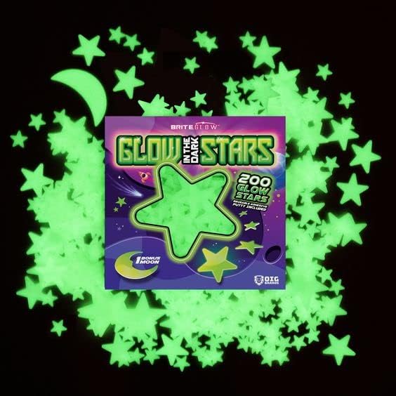 200 Pcs Glow in The Dark Stars with Moon - Luminous 3D Wall Stickers Night Light for Boys & Girls Room Decor - Bedroom Ceiling Space Kids Wallpaper Funky Decor - Glowing Stars Tape Stickers for Kids