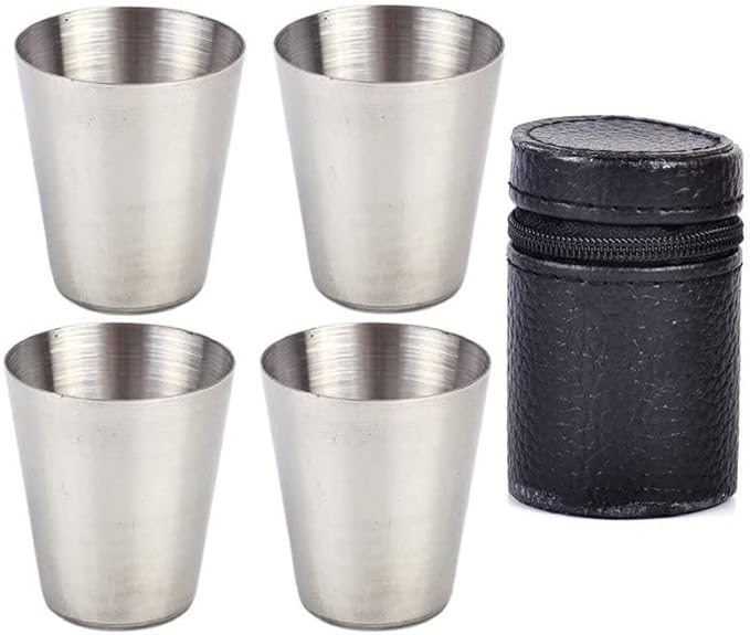 Billion Deals Shot Glasses Stainless Steel 4 Piece 1 Ounce Vessel Mini Portable Wine Travel Camping Drinking Mug Coffee Beer Cup with 1 Black Leather Case