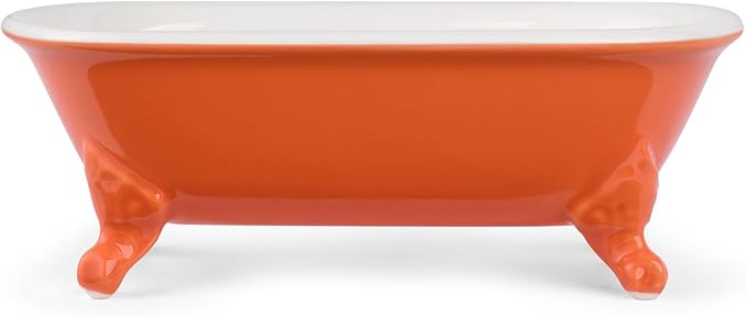 NEWHENGS 6.5" Ceramic Mini Decorative Clawfoot Bathtub Bar Soap Dish, Kitchen Sponge Holder and Shower Tray for Bathroom, 1 Pack(Dark Orange)