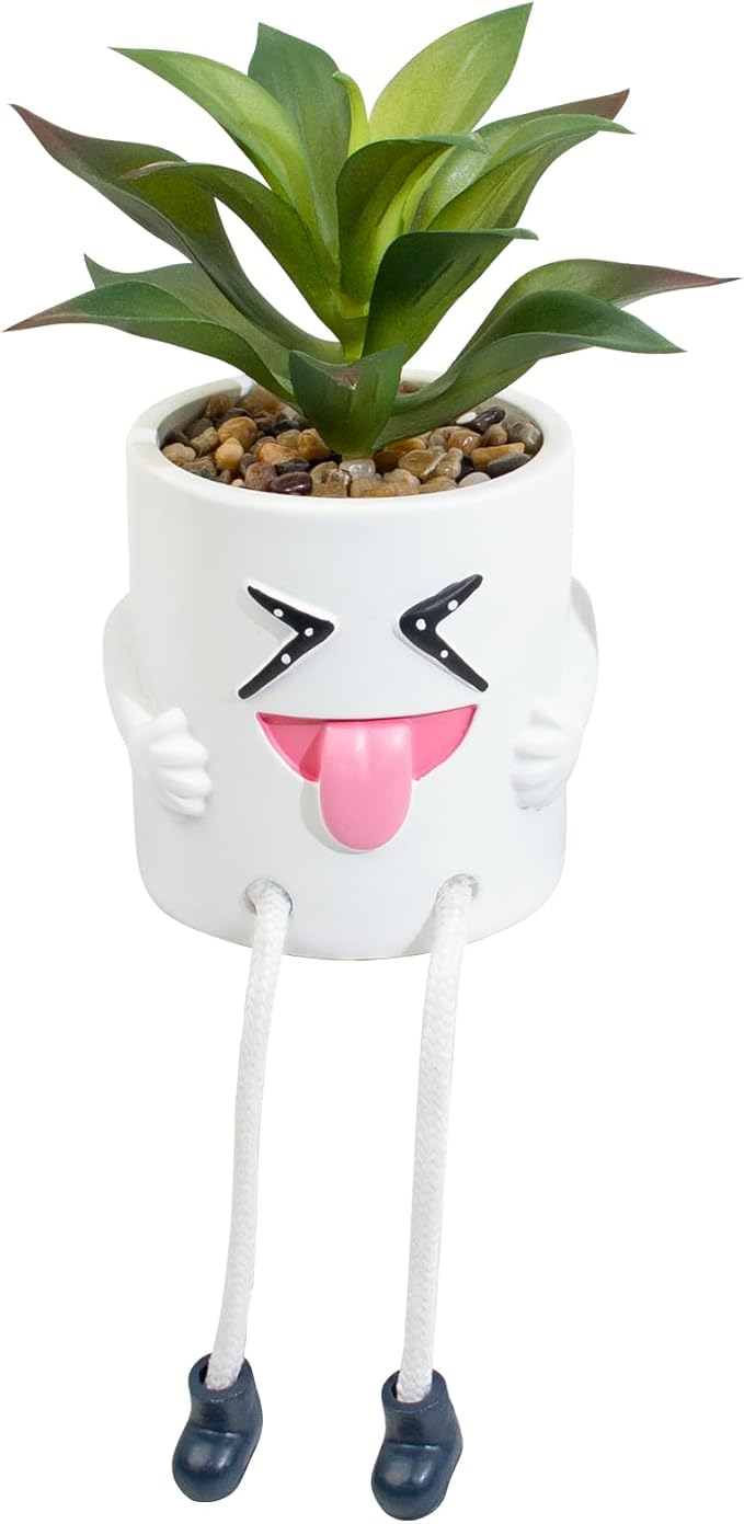 LUZOGA Fake Plant Mini Potted Succulents with Hanging Leg White Cute Pot Creative Artificial Succulent Plants in Funny Pot Faux Succulents for Home Office Shelf Desk Decor and Gift Choice