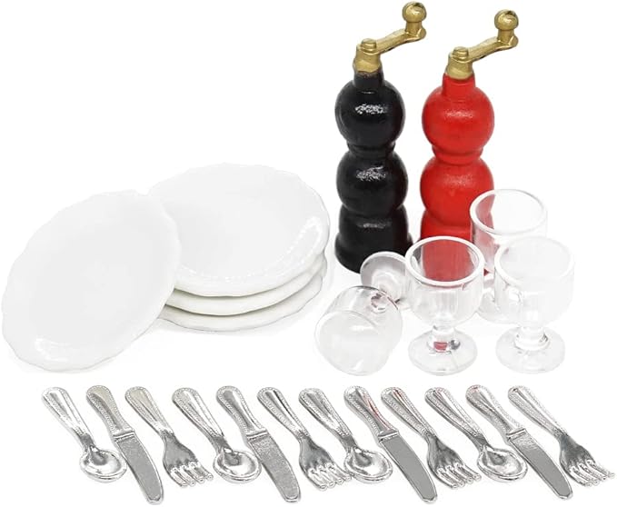 Odoria 1/12 Miniature Wine Glasses Plates and Silverware Pepper Grinder Dollhouse Decoration Accessories