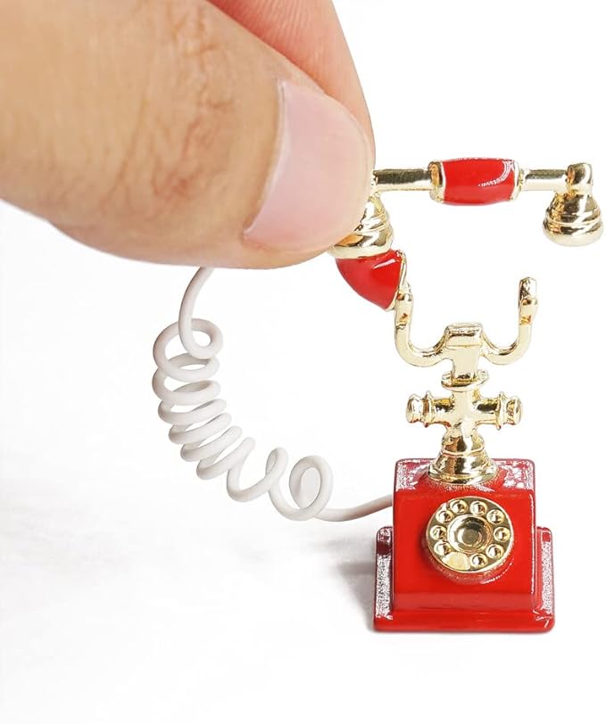 Odoria 1/12 Miniature Rotary Telephone Dollhouse Decoration Accessories, Red