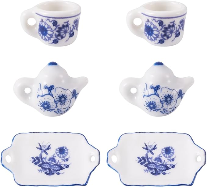 6Pcs Ceramic Tea Set Decorations Blue and White Porcelain 3D Miniature Model Ornaments Tea Cup Teapot Tray Plate Dollhouse Micro Landscape Decoration Garden Home Decor Accessories