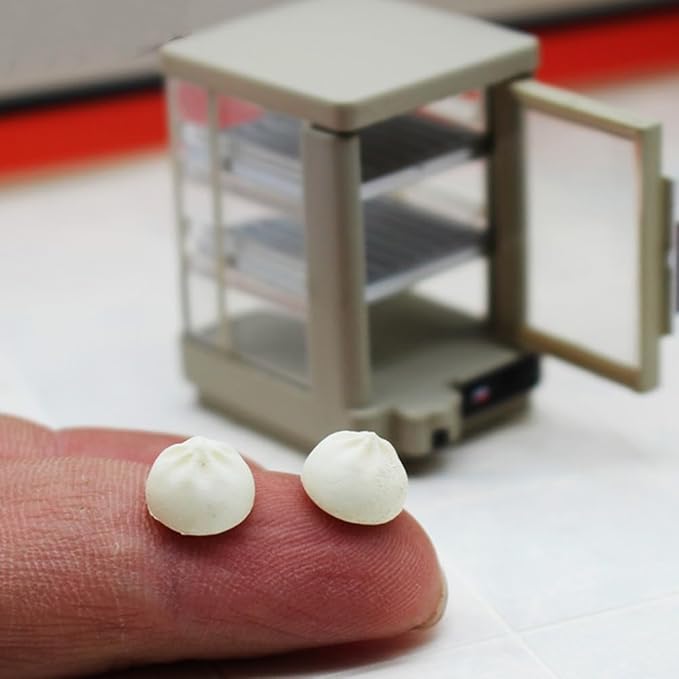 LOGOFUN Miniature Bakery Case Dollhouse 1:12 Scale Mini Insulated Cabinet with Mini Steamed Stuffed Buns Model for Dollhouse Bread Shop Accessories