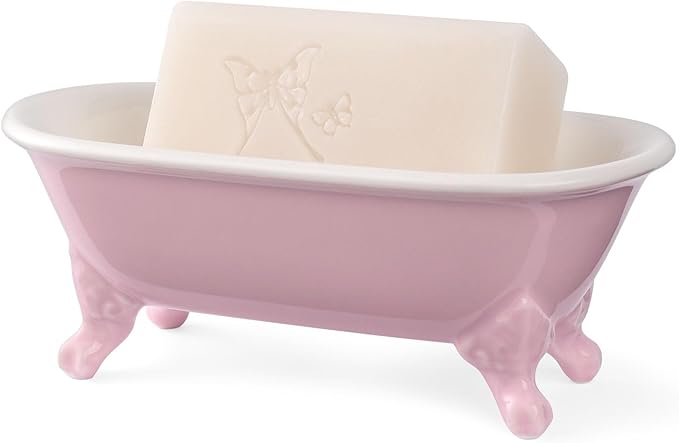 NEWHENGS 6.5" Ceramic Mini Decorative Clawfoot Bathtub Bar Soap Dish, Kitchen Sponge Holder and Shower Tray for Bathroom, 1 Pack (Pink)