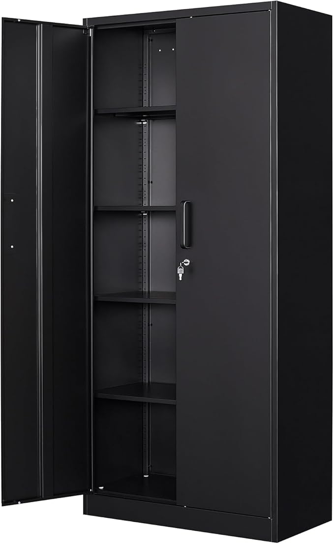 72" Tall Metal Storage Locking Cabinet With 2 Doors and 4 Adjustable Shelves for Home, School, Gym, Garage Storage