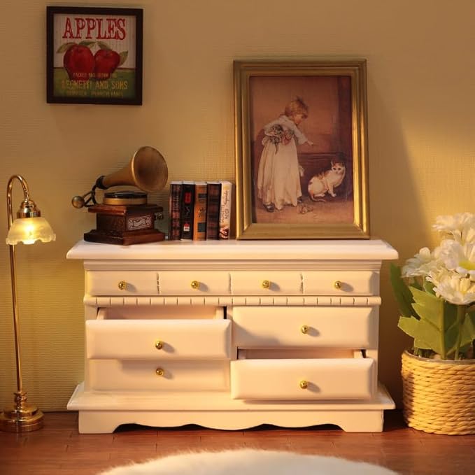3Pcs 1:12 Dollhouse Side Cabinet Furniture Set, Wooden Miniature Wall Chest Cabinet with Drawers, Art Painting & Potted Plant, Cupboard Doll Accessories for Living Room,Kitchen Bedroom