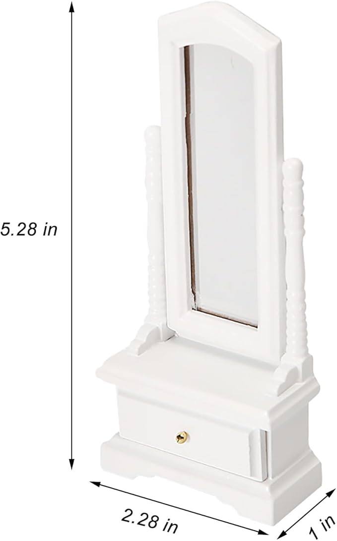 Dollhouse Dressing Mirror 1/12 Miniature Standing Floor Mirror Dollhouse Bedroom Furniture (White)