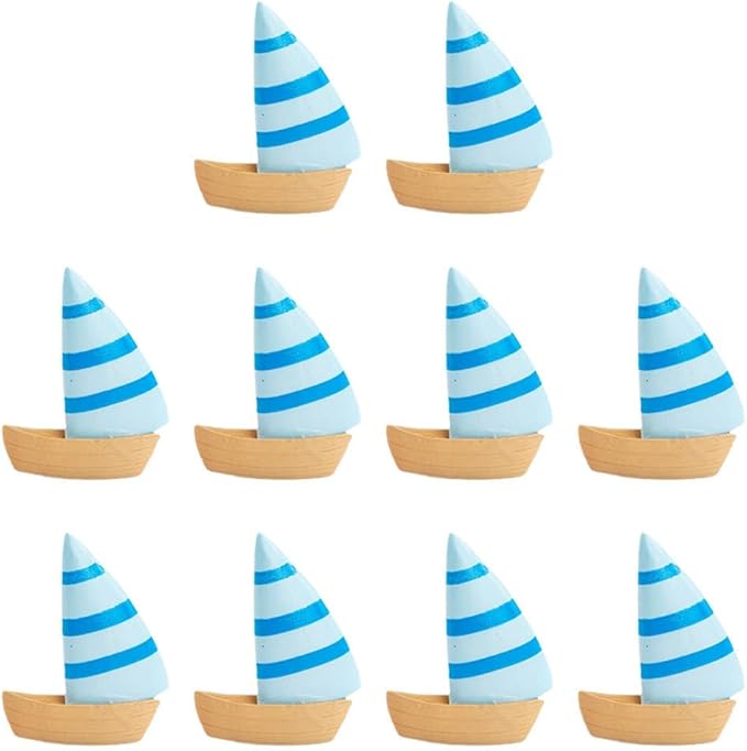 10pcs Mini Sailboat Decor Wooden Miniature Sailing Boat Model Nautical Theme Decoration Mini Fishing Boat Figurine for Fairy Garden Dollhouse Home Decor