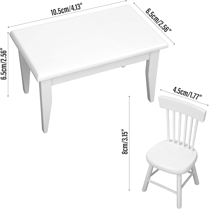 Miniature Dollhouse Dining Table and Chairs – Set 5pcs 1/12 Scale for Doll House, White Wooden Furniture Model, Mini Classic Decoration Accessories DIY Hobby Gift for Kitchen, Breakfast Room