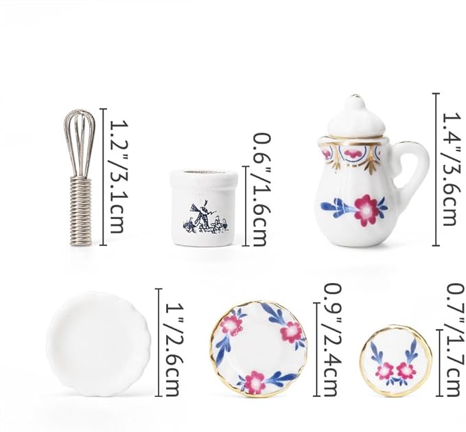 Odoria 1/12 Miniature Porcelain Tea Set Plates and Silverware Kitchen Utensils Dollhouse Accessories, Purple Blossom